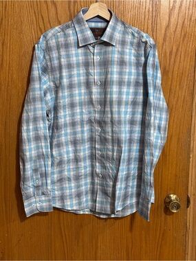 James Tattersall medium Men's Light Blue‎ Plaid Long-Sleeve Button-Down Shirt